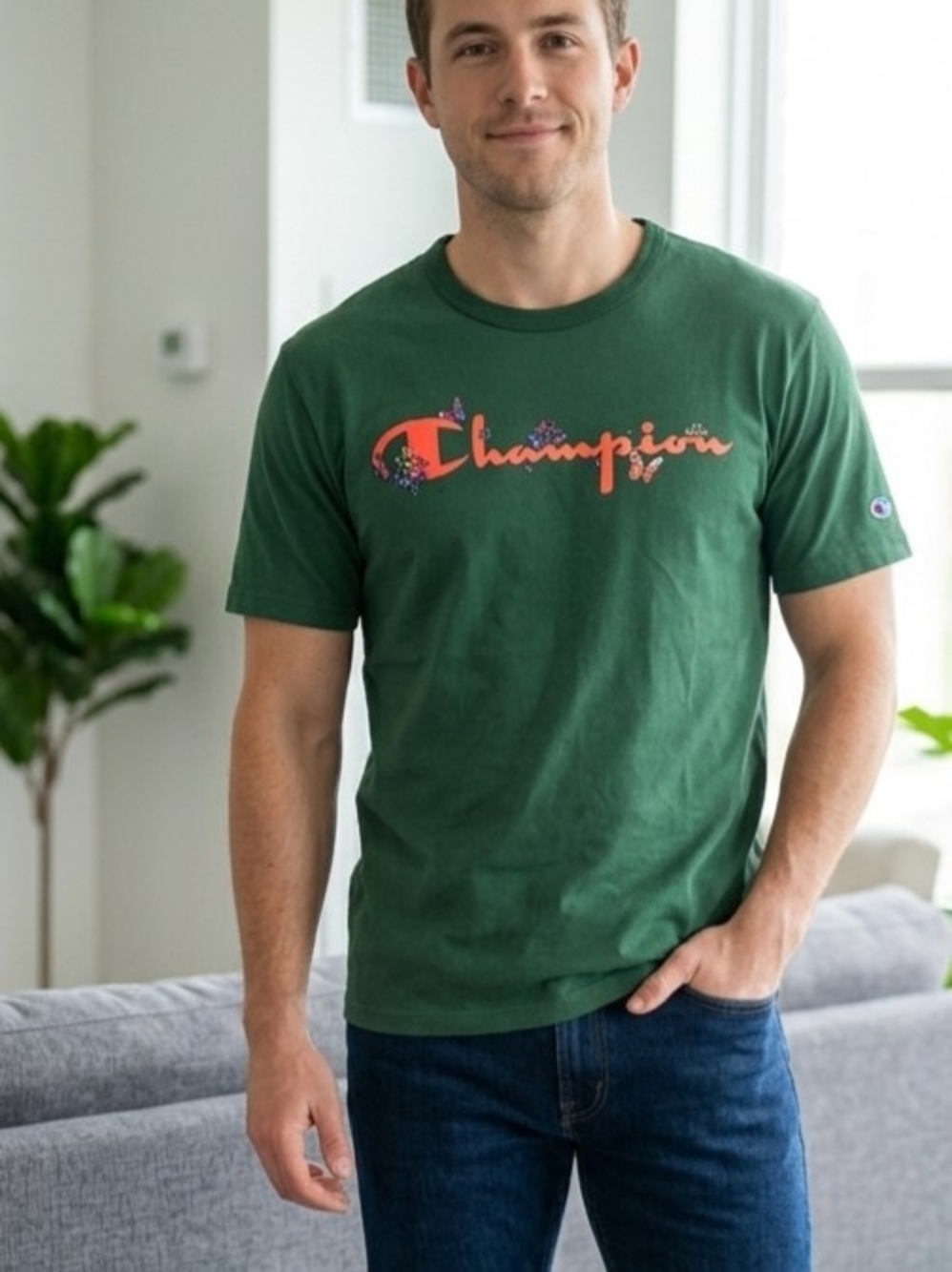 Champion Men's Forest Green Logo Crewneck T-Shirt
